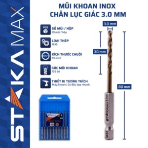 Mũi Khoan Inox Chân Lục Giác 3mm STAKA MAX (10C/V;100C/H;1600C/T)- KA-4971