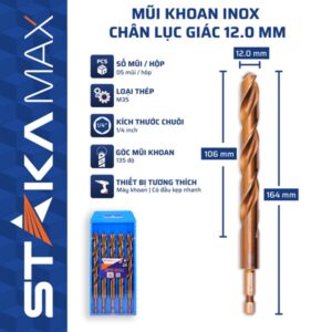 Mũi Khoan Inox Chân Lục Giác 12mm STAKA MAX (5C/V; 50C/H;300C/T)- KA-5014