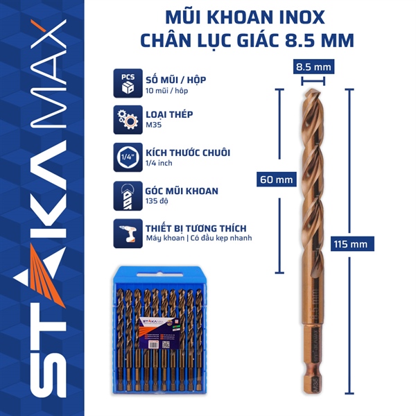 Mũi Khoan Inox Chân Lục Giác 8.5mm STAKA MAX (10C/V;100C/H;800C/T)- KA-5017