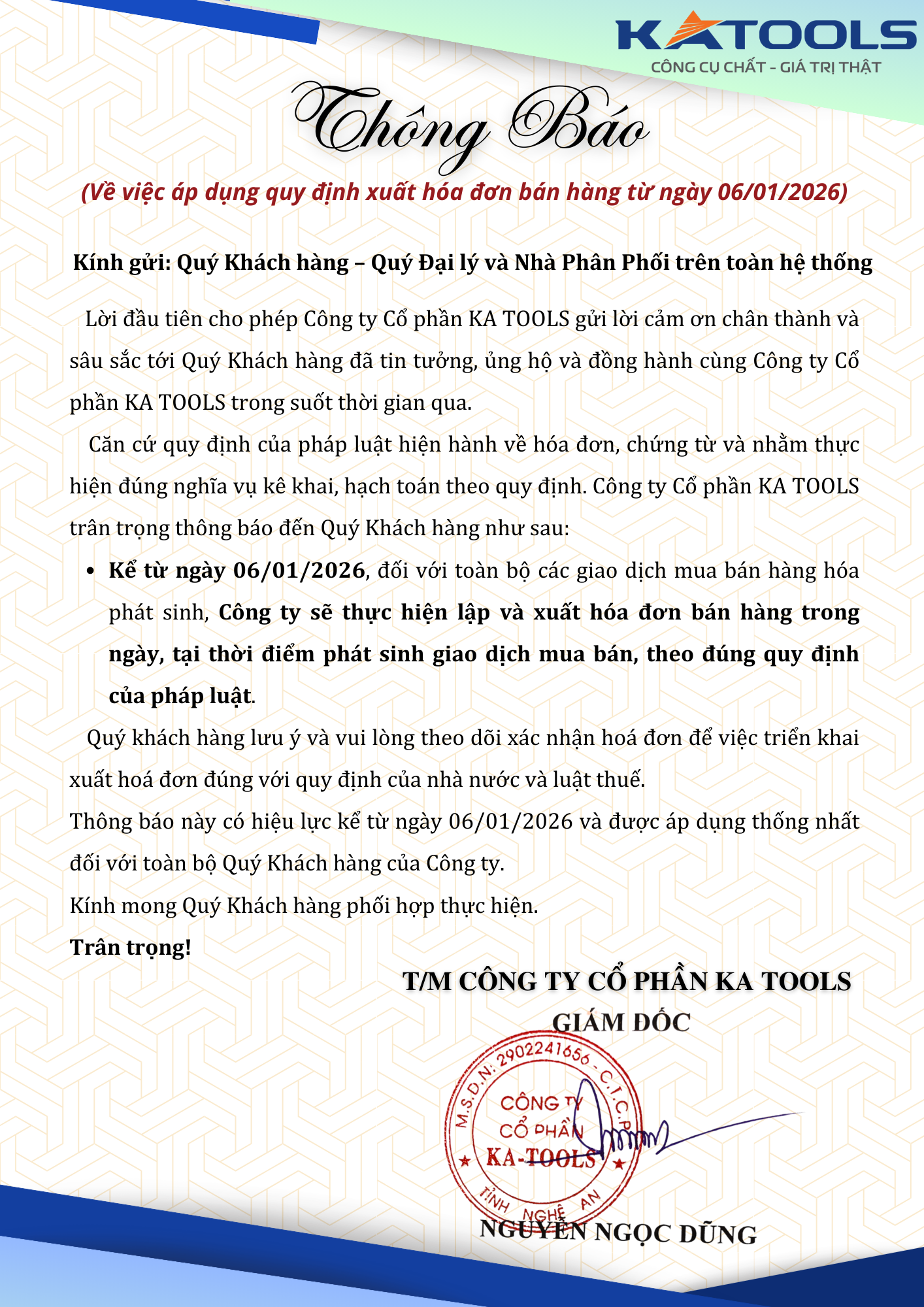 KA TOOLS THÔNG BÁO Về việc áp dụng quy định xuất hóa đơn bán hàng từ ngày 06/01/2026